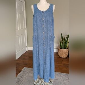 Vintage Faded Glory Women’s Blue Denim Maxi Dress Button Front Y2K Sleeveless XL